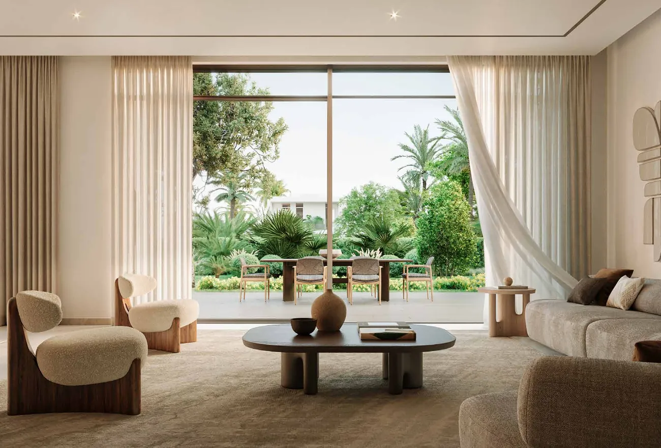Warm, natural-material interior lounge